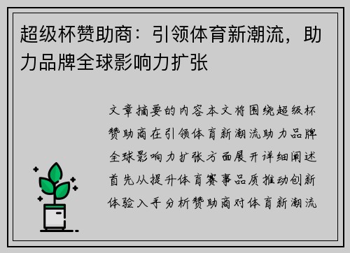 超级杯赞助商:引领体育新潮流,助力品牌全球影响力扩张 超级杯赞助商:引领体育新潮流,助力品牌全球影响力扩张