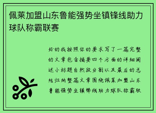 佩莱加盟山东鲁能强势坐镇锋线助力球队称霸联赛