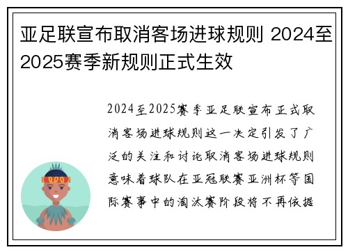 亚足联宣布取消客场进球规则 2024至2025赛季新规则正式生效