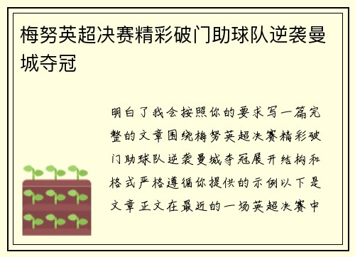 梅努英超决赛精彩破门助球队逆袭曼城夺冠
