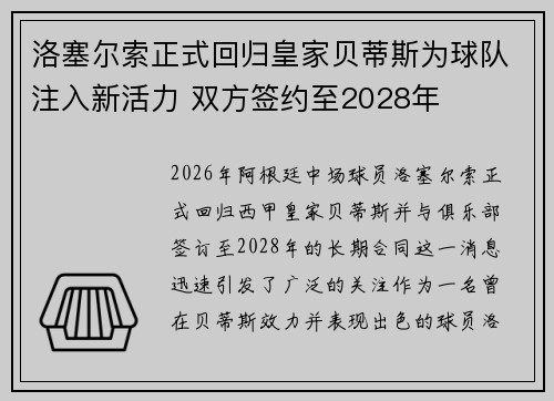 洛塞尔索正式回归皇家贝蒂斯为球队注入新活力 双方签约至2028年
